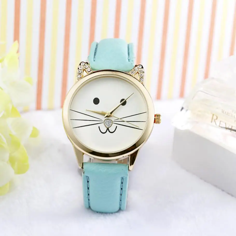 

Timezone #301 Duobla Fashion Neutral Diamond Lovely Cats Face Faux Leather Quartz Watch