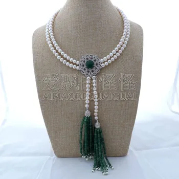 

N111703 18" 2Strands White Pearl Green Necklace