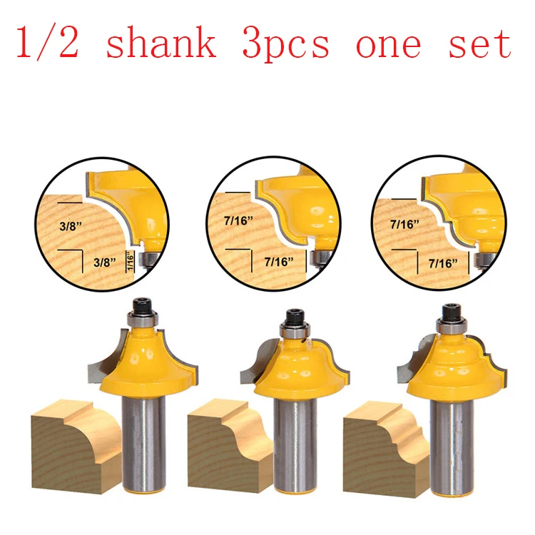 

3 PC 1/2" Shank Round over and Beading Edging Router Bit Set C3 Carbide Tipped Tenon Cutter for Woodworking Tools