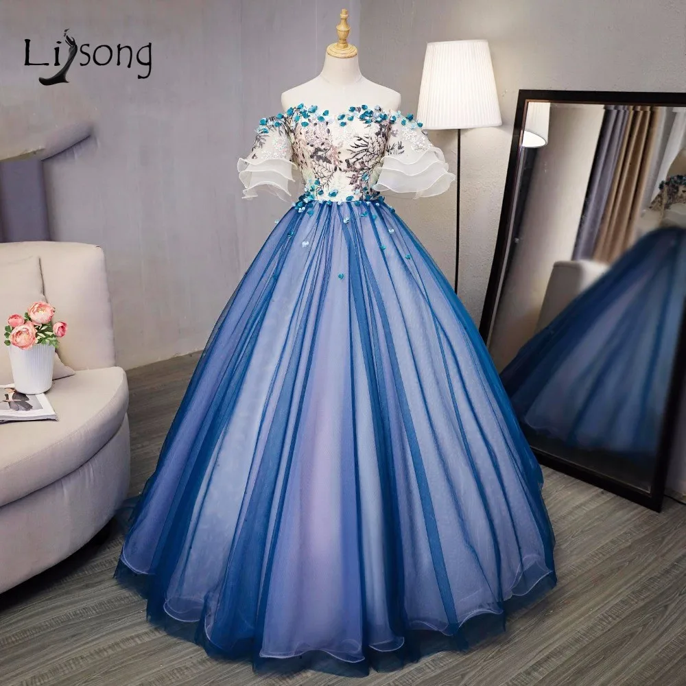 

Blue Embroidery Puffy Evening Ball Gown Flared Sleeves Custom Made Princess Empire None Train Celebrity Formal Maxi Ball Dress