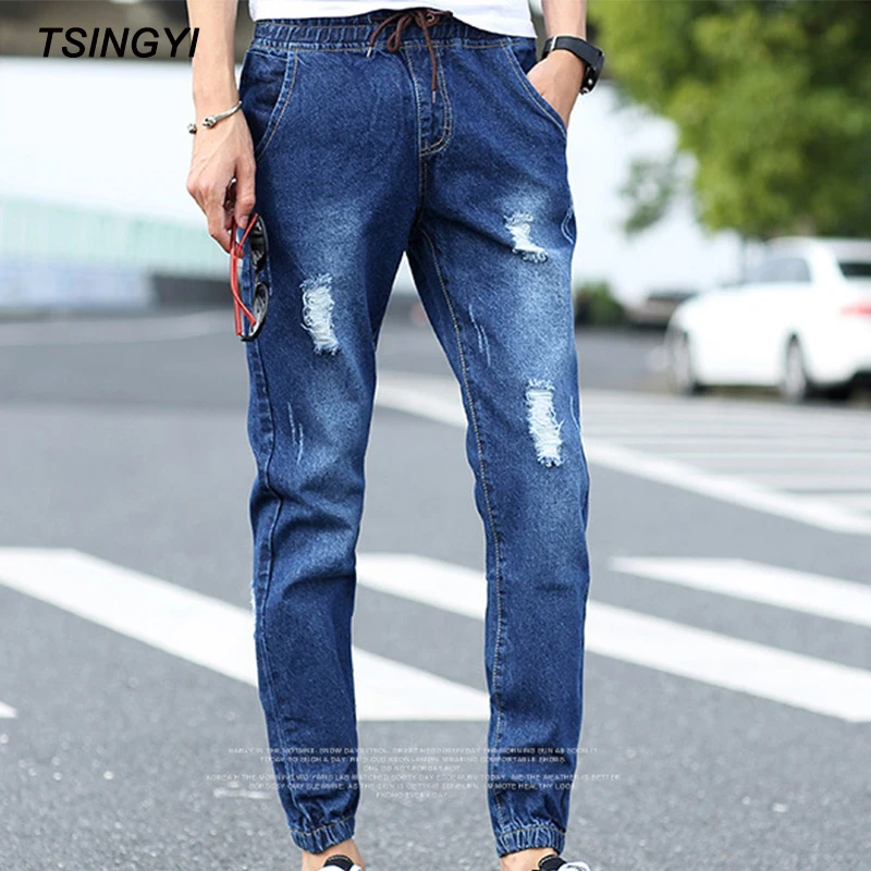 

Tsingyi Distressed Hole Skinny Jeans Men Denim Blue Light Blue Drawstring Ankle-Length Streetwear Male Jean Homme Harem Pants