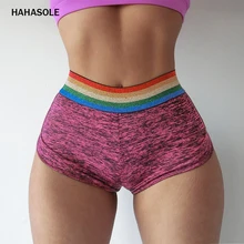 HAHASOLE шорты для йоги радужные полосы сексуальные пуш-ап фитнес-шорты Женщины Тренажерный зал карман эластичные тонкие тренировки шорты SWB6113-2