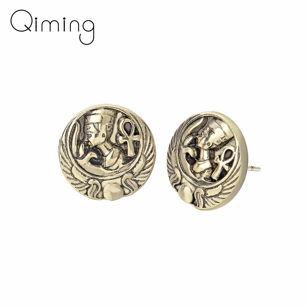 

QIMING Bronze Ankh Earring Egyptian Pharaoh Nefertiti Scarab Queen Egypt Ancient Silver Jewelry Stud Earrings Female Gifts Femme