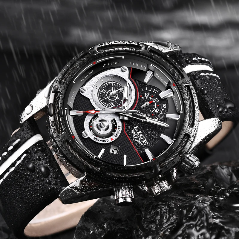2018LIGE Mens Watches Top Brand Luxury Military Quartz Watch Men Leather Automatic Date Waterproo Sport Watch Relogio Masculino