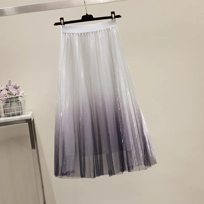 Мода Весна Лето Новые плиссированные юбки женские градиентные яркие шелковые сетчатые трапециевидные юбки средней длины разноцветная юбка с высокой талией