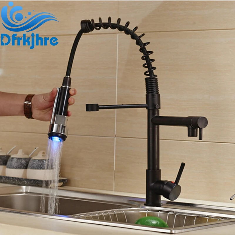 

Oil Rubbed Bronze LED Light Pull Down Spray Kitchen Sink Faucet Swivel Spout Mixer Tap