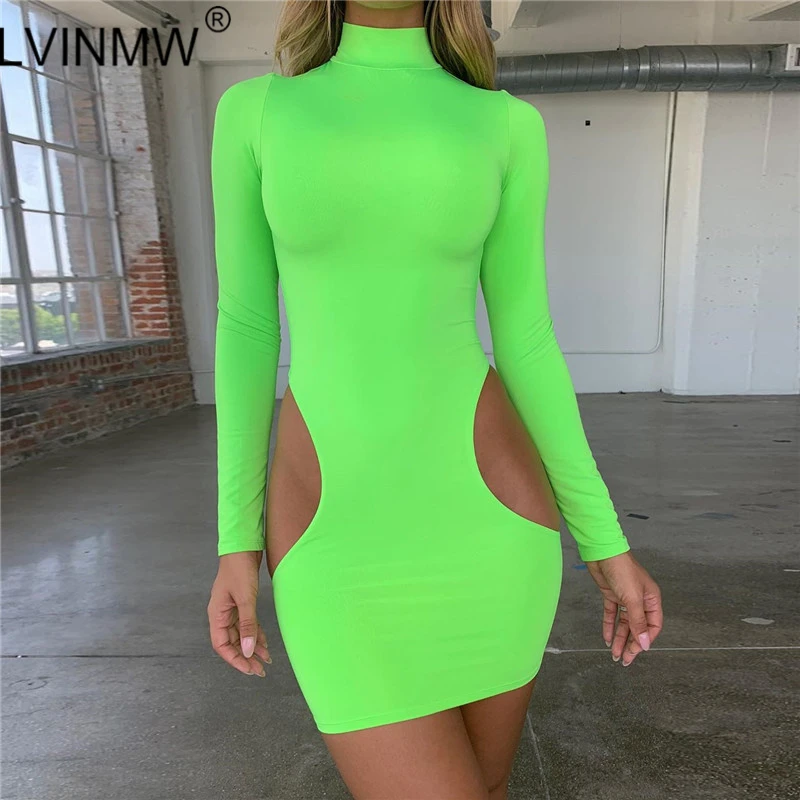 

LVINMW Sexy Solid High Neck Side Hollow Out Bodycon Dress 2019 Autumn Women Fashion Streetwear Long Sleeve Dresses Female Party