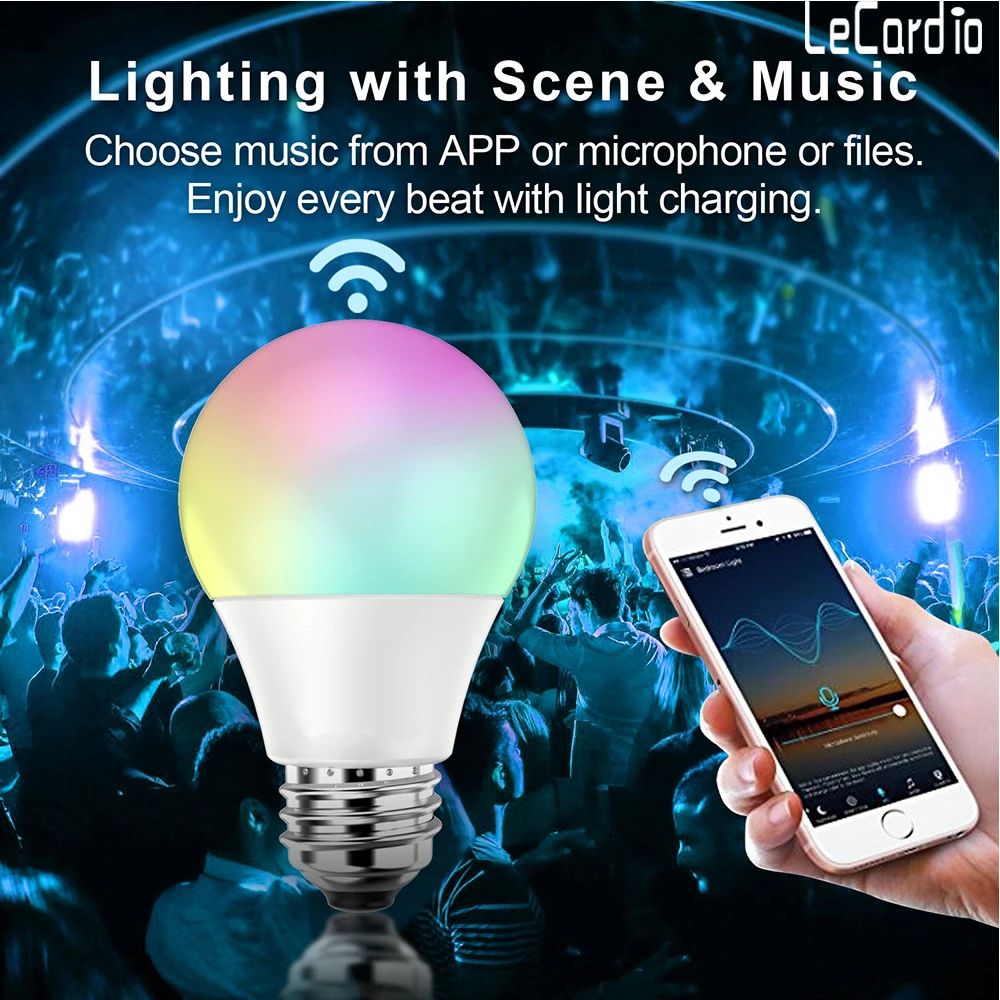 Online Bombilla LED inteligente Wifi RGB función de sincronización blanca lámpara LED regulable 220V 110V Compatible con Amazon Alexa Google Home asistente APP