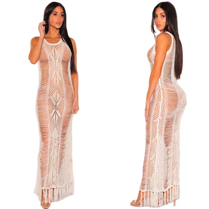 

Women Crochet Bikini Cover-Ups Beach Dress Sexy Sleeveless See Through Hollow Tassel Bodycon Summer Dress Long Dress Beach Wear