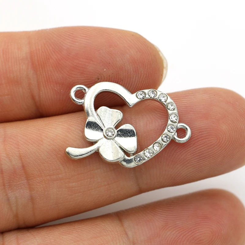 

JAKONGO Antique Silver Plated Crystal Clover Heart Connectors for Making Bracelet DIY Jewelry Accessories 25x17mm 5pcs