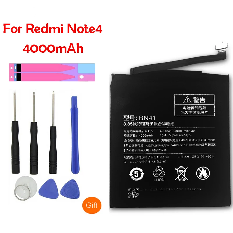 

Original BN41 Replacement Battery For Xiaomi Redmi Note 4 Real Capacity 4000mAh Li-ion Phone Battery + Tool
