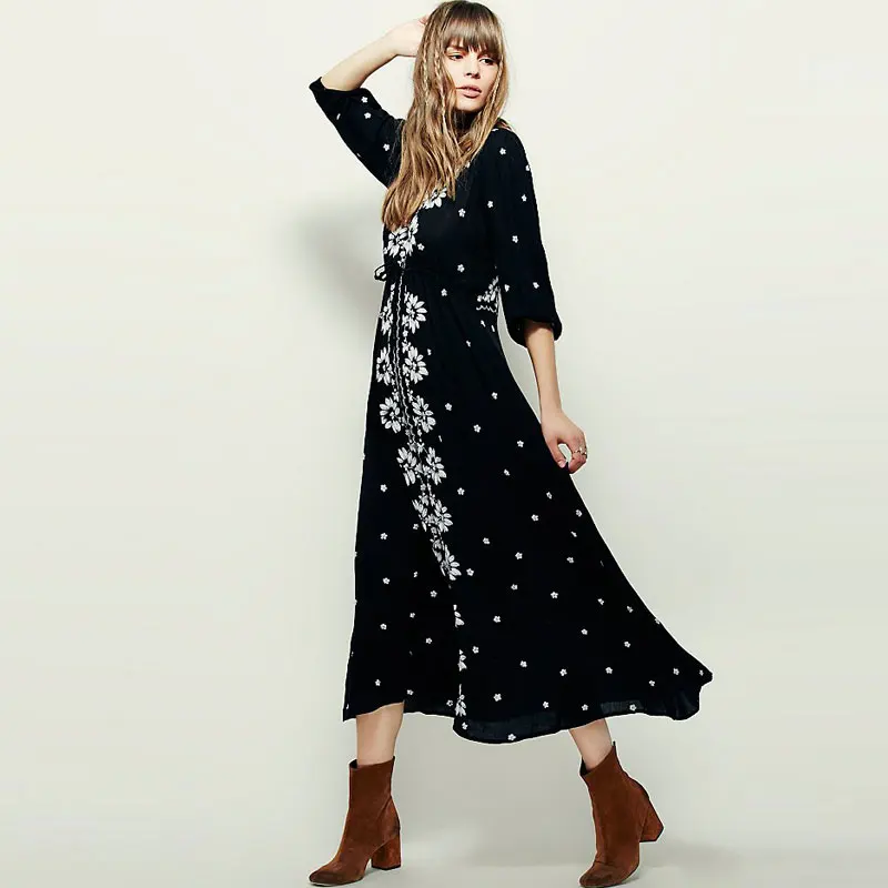 

2XL 3XL Plus Size Boho Women Ethnic Gypsy Embroidery Long Maxi Hippie Dress Elastic Waist V Neck Embroidered Rayon Cotton Dress