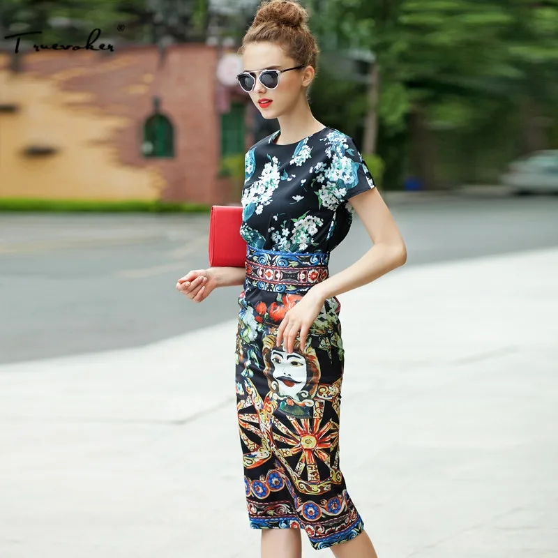 Truevoker Runway Trends Dress Women Vintage Floral Wheel Print Waistbrand Knee Length Robe Ethnic Holiday Mujer Festa Vestido | Женская