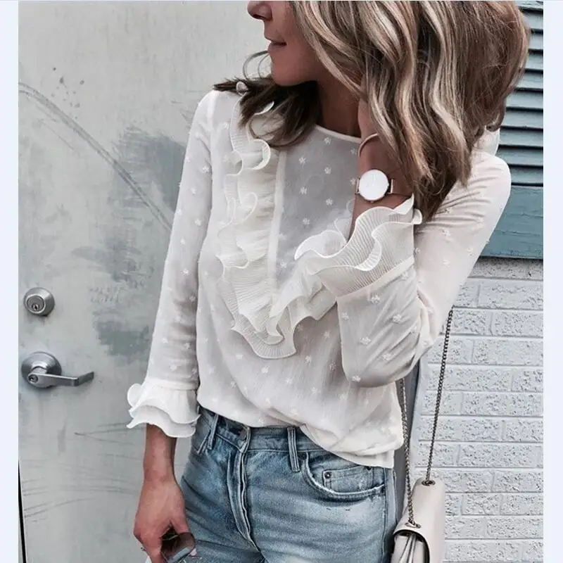 

Women Ruffle Shirts Blouses Long Sleeve 2019 Spring New White Slim Blouses Butterfly Sleeve Women Fashion Tops Buttons Back