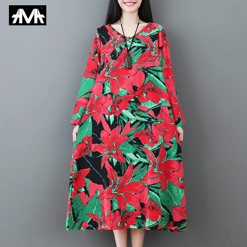 

Bohemian women's Dress Trendy Loose Plus size Cotton and linen Boho Style dresses Long sleeve Elegant Fancy Femme dresses