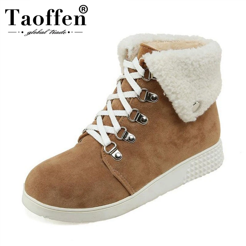 

Taoffen Warm Women Wedges Ankle Boots Lace Up Thick Fur Platform Winter Shoes Women Ankle Boots Snow Warm Footwear Size 33-43