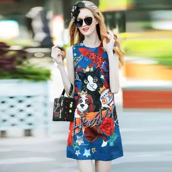 

Luxury Beading Runway Womens Dress Emboss Cute Dog Cat Printed Diamonds Designer High Street Female Party Elegant Dress Fashion