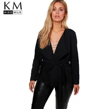 Kiss Milk 2018 Plus Size Solid Sexy V-neck Women Blazers Lace Up Female  Clothing Office Lady Black And White  Big Size Coats