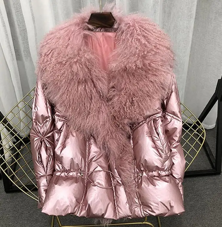 Женская зимняя куртка с серебристым белым утиным пухом, блестящая, новинка, большой натуральный меховой воротник, розовый, голубой цвет, теплые парки для женщин, короткие пальто - Цвет: Розовый