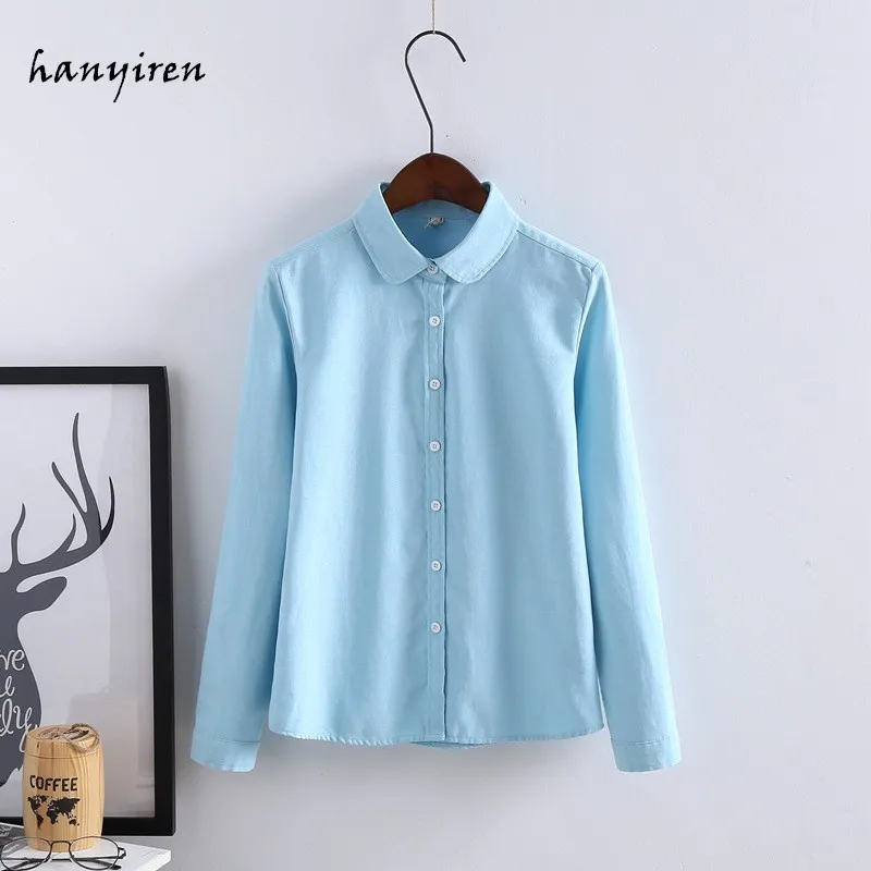 

Hanyiren Women Blouse 2019 New Casual Solid Long Sleeve Oxford White Blue Shirt Woman Office Wear Shirts Blusas Ladies Tops