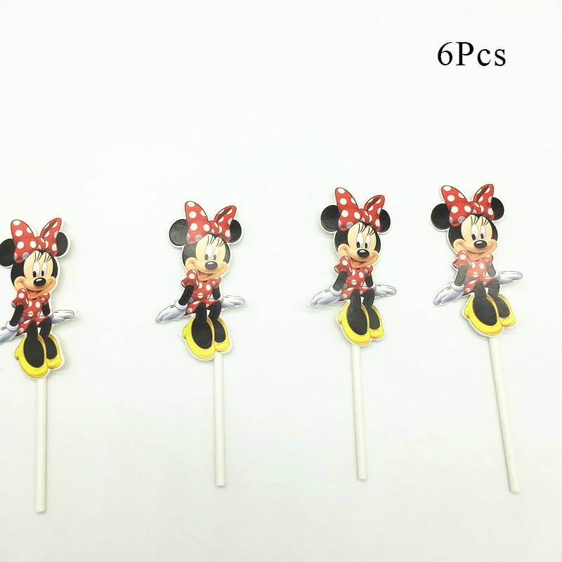Cake topper x 6 Классические Вечерние одноразовые столовые приборы красного цвета с Минни Маус, бумажный стаканчик, тарелка, шляпа для девочек, принадлежности для дня рождения AH12 - Цвет: Cake topper x 6