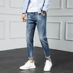 2019 новые синие джинсы мужские Весна Лето Тонкий стрейч дикие ноги карандаш брюки до щиколотки джинсовые брюки мужские s рваные джинсы