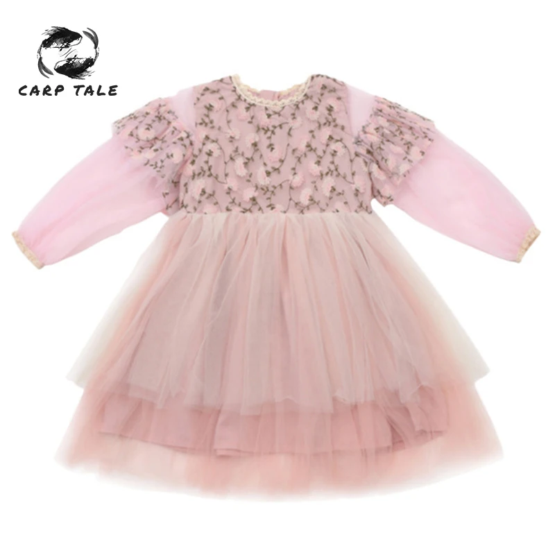 

Girls Dresses 2019 Spring Girls Lace Children Embroidered Gauze Princess Dress Long Sleeve Applique Flower Design Party Dress