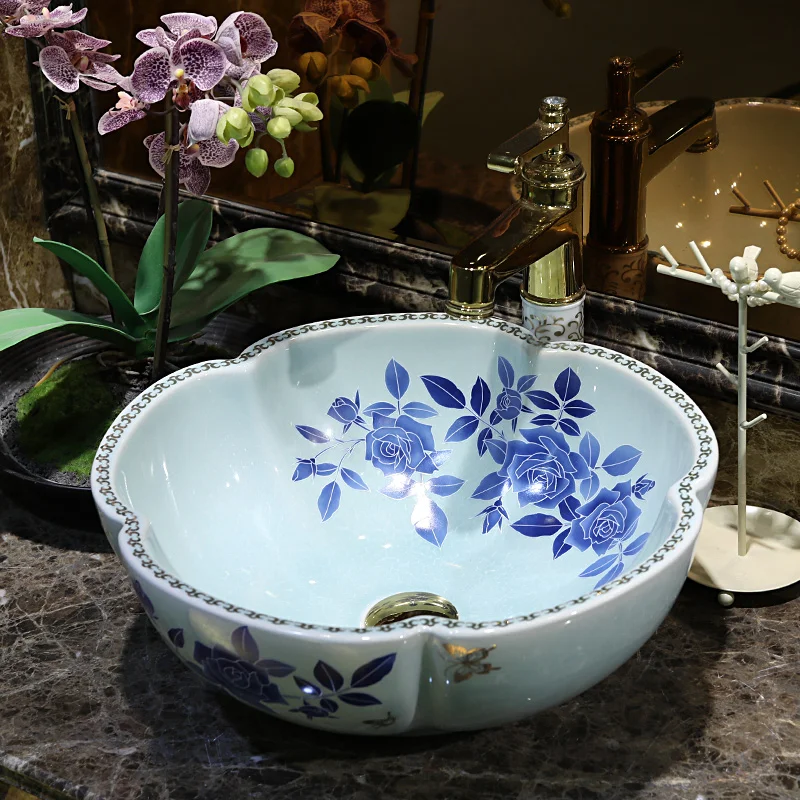 Blue and white Round Bathroom Counter Top Wash Basin Cloakroom Hand