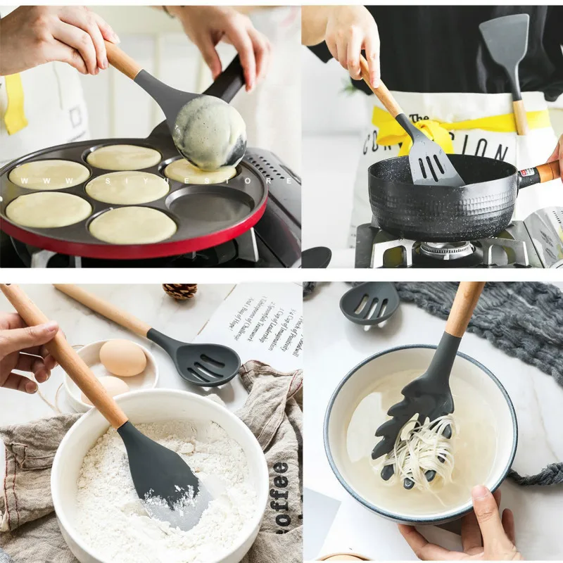 

9Pcs Silicone Cooking Tool Set Wooden Handle Kitchen Accessories Soup Ladle Spoon Slotted Shovel Home Kitchen cosina cozinha
