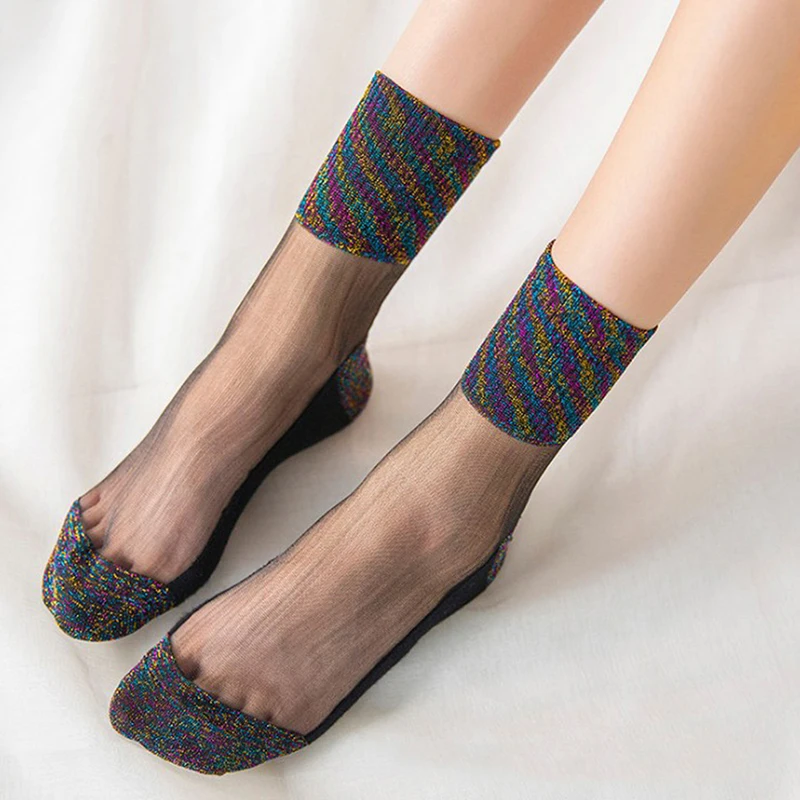 Women Glitter Transparent Mesh Long Socks Ultra-Thin Shiny Summer Socks Retro Crystal Socks Nylon Lady Meias New