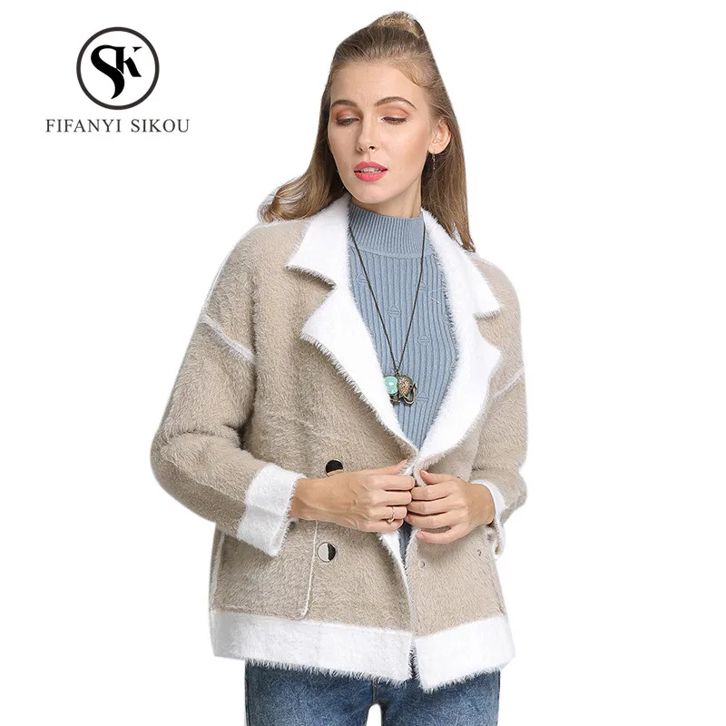 

Winter Warm Mink Cashmere Cardigan Sweater Coat Fashion Solid color Long sleeve Tops Short Coat Loose Knitting Sweaters Womens