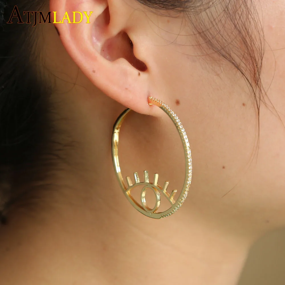 

New Gold Color Plated Synthetic CZ Eyes Hoop Earring Turkish Evil Eye Earrings Cubic Zircon Lucky Popular for Women Jewelry