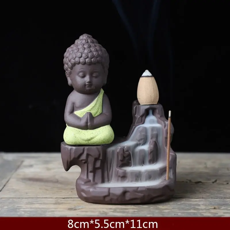 Reflow Ceramic Little Monk Buddha Smoke Backflow Cone Stick Censer Incense Burner Holder Decoration Aromatherapy