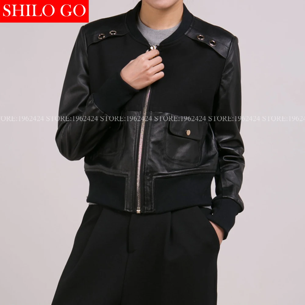 Carré Nouvelles Court 2017 Rivet Noir Qualité De Printemps Poches Couture Mode Veste Peau Mouton Automne Cuir Haute Rond En Col Femmes OOSw1q
