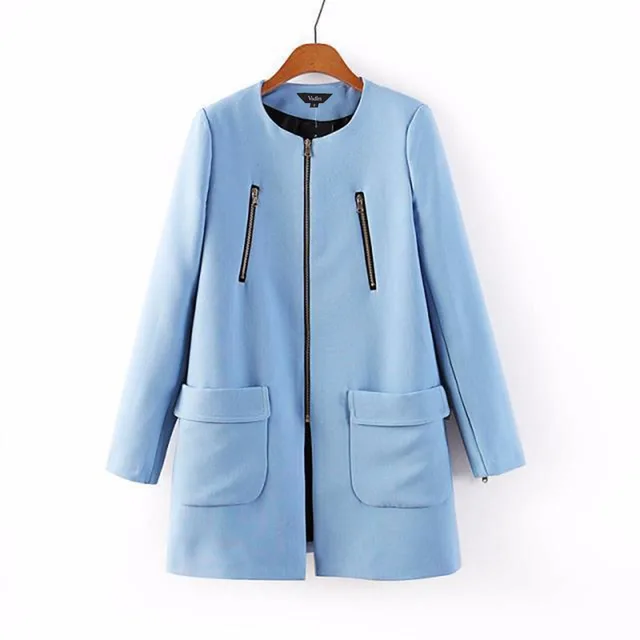 Women blue coat zipper pockets tops long sleeve office
