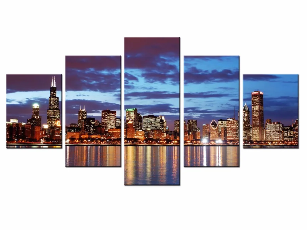 

Wholesale Canvas Printings City night Landscape 5 Piece Modern Style Cheap Pictures Decorative Wall Art Framed Prints Gift