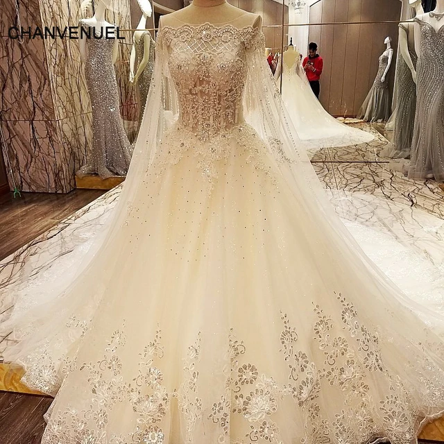 Ls97843 Lace Crystal Wedding Dresses With Long Cape Ball Gown Corset Ls97843 Lace Crystal Wedding Dresses With Long Cape Ball Gown Corset Back Abiti Da Sposa Ivory