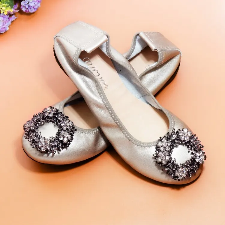 Plus Size 34-43 Ladies Flat Shoes Fashion Bling Rhinestone Women Flats Casual Genuine Leather Ballet Flats Fold Up Gold Shoes (29)