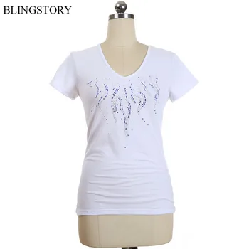 

BLINGSTORY New Women T-shirt Fashion Casual T Shirt Diamond Elegant Women's Brand V-neck Bead T-shirt Plus Size S-6XL LP5209039