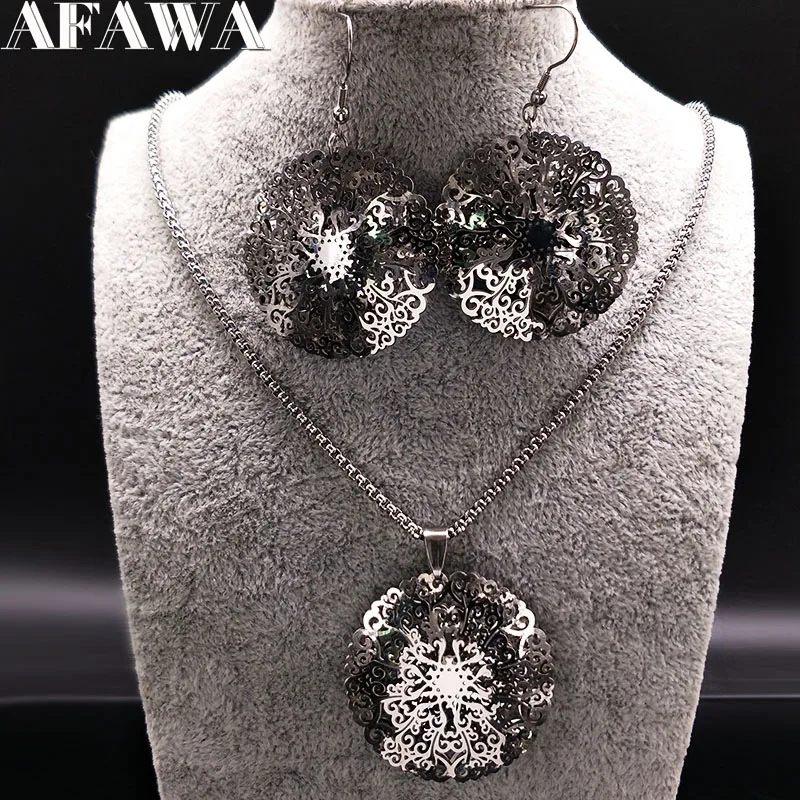 

2019 Stainless Steel Jewelry Set for Women Silver Color Big Flower Earrings Necklace Set Jewellery pendientes mujer moda S178225
