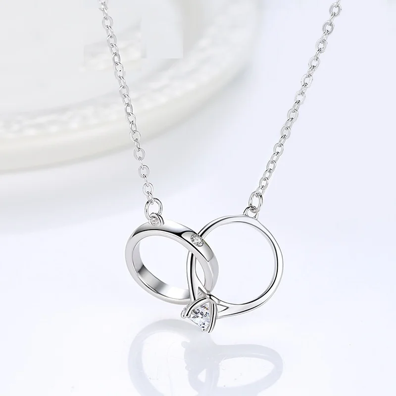 

Fine Jewelry Genuine 925 Sterling Silver Double Rings for Pendant zircon stone Necklace for women lovers wedding jewelry