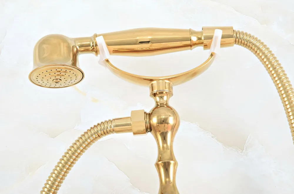 Luxury Gold Color Brass Bathtub Faucet Wall Mounted Tub Sink Faucet Dual Handle Bath Shower Mixer Tap with Hand Shower Luxury Gold Color Brass Bathtub Faucet Wall Mounted Tub Sink Faucet Dual Handle Bath Shower Mixer Tap with Hand Shower