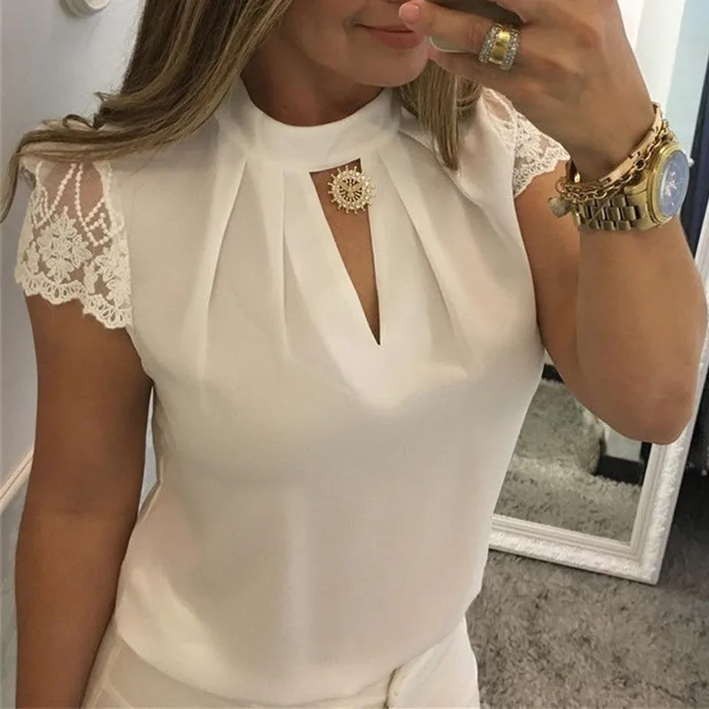 Women Sexy Blouses Summer Casual Hollow Chiffon Short Sleeve Splice Lace Tops Blouse Shirts Blusas Mujer De Moda Women Blouses