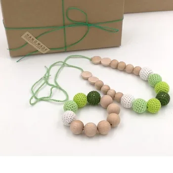 gift box 1PC SALE EVERYDAY Yellow green crochet teething necklace, Plain beech wooden beads baby toy baby teether ENS02