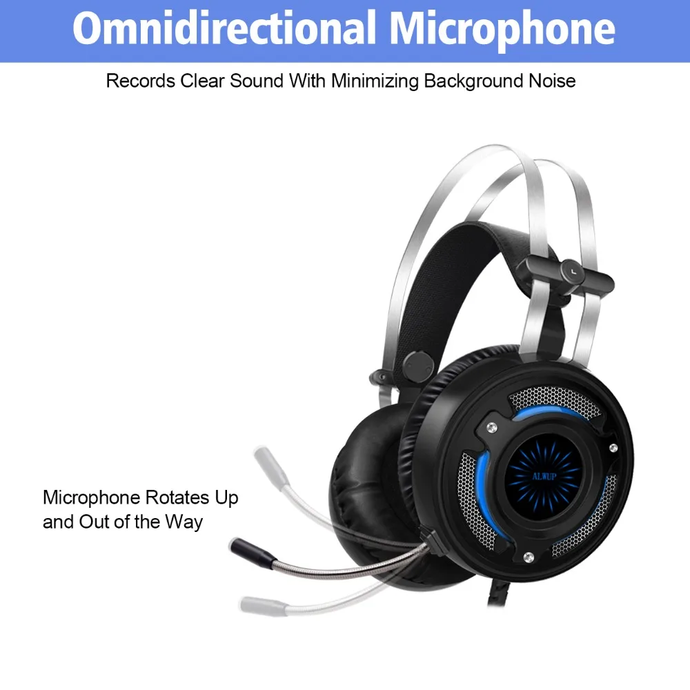 ALWUP A6 USB Gaming Headset for PS4 Xbox One PC 2.2m Wired Gaming Headphone for Computer with Splitter Microphone Colorful LED 