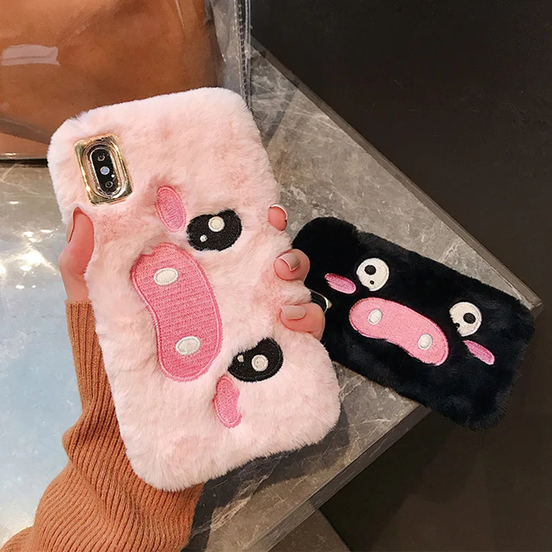 

Luxury Rabbit Fur Plush Case For iphone XS Max XR 8 7 6 6S Plus Cover Soft Silicone Embroidery Piggy Warm Rabbit Hair Case Capa