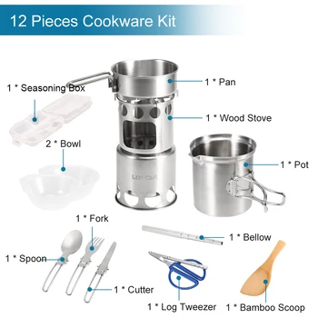 

10Pcs Camping Cookware Mess Kit Outdoor Portable Stainless Steel Folding Wood Stove Pot Pan Set Bowls Spoon Spork Tableware