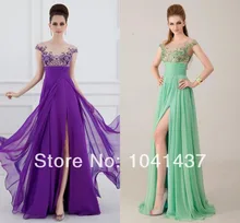 Top Verkauf A-linie O-ansatz Flügelärmeln Kristall auf Applikationen Abendkleider Chiffon v-back Split Side Langer Abschlussball Kleidet