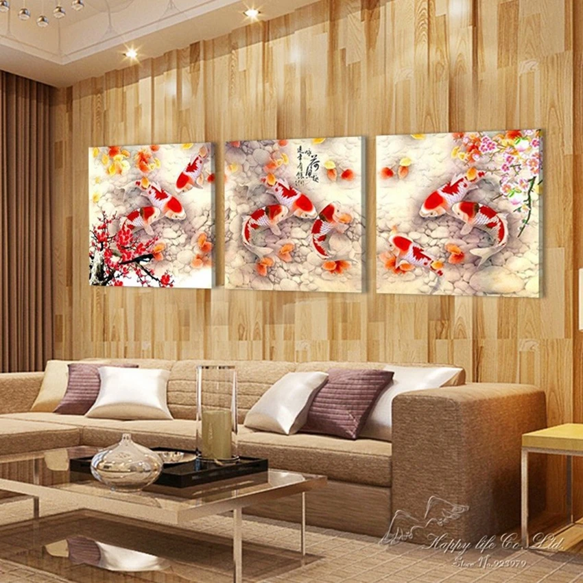 

Home decoration 3 Pieces no frame picture Canvas Prints fish Lotus Plum Porcelain vase peony flower Bamboo chinese characters