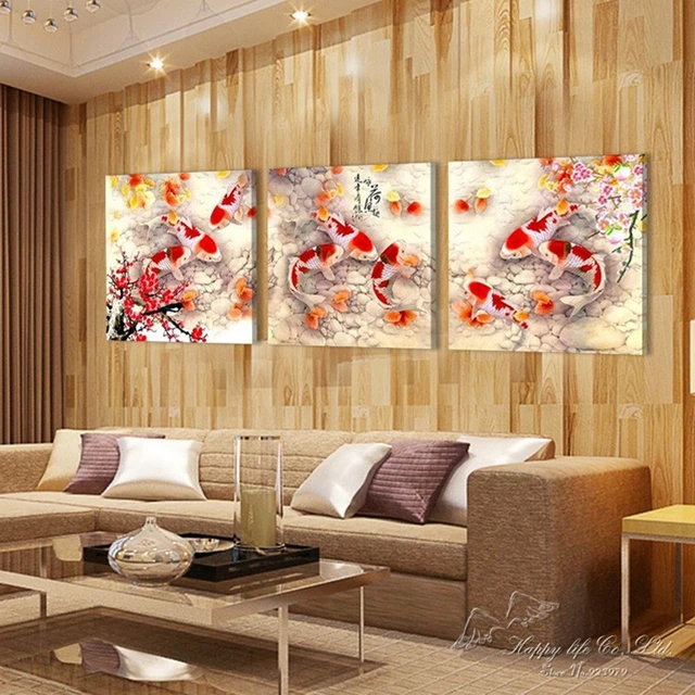 Home Decoration 3 Pieces No Frame Picture Canvas Prints Fish Lotus Home Decoration 3 Pieces No Frame Picture Canvas Prints Fish Lotus Plum Porcelain Vase Peony Flower Bamboo Chinese Characters